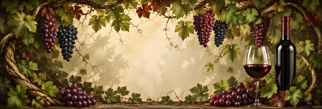 Wine bottle filled glass and grape bunches framed by dark vine leaves