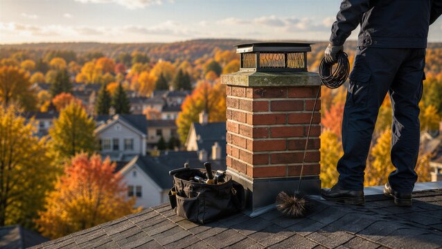 Professional chimney sweep maintaining a brick chimney on a residential roof in autumn, seasonal home service and preparation for safe winter heating.
