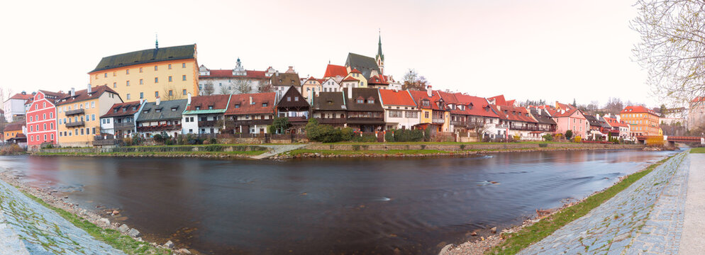 Cesky Krumlov Historic Riverside Panorama with Traditional Houses, Czech Republic