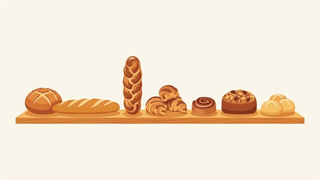 Assorted baked goods arranged neatly on a wooden shelf display flat vector illustration design with collection various breads breads pastries aligned