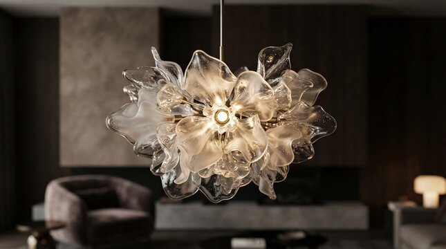 Elegant floral glass chandelier illuminates modern living room interior with soft ambient light