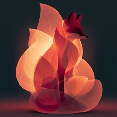 Naklejka premium A fox silhouette stands out against glowing leaves in hues of red and orange in a forest at dusk. The scene shows minimal wildlife activity.