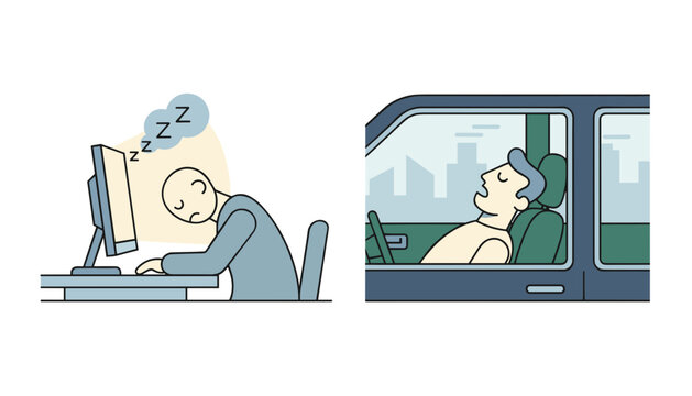 Two scenes showing a tired man sleeping at his computer desk and another dozing off behind the wheel of a car.