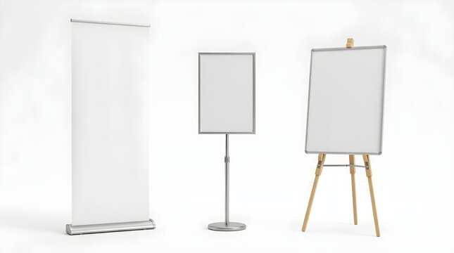 White empty display stands mockup including roll up banner, poster stand, and wooden easel for presentation design