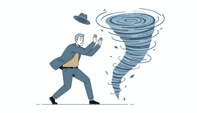 Courageous senior businessman in a suit tries to push back and resist a powerful tornado as his hat flies away.