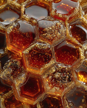 Geometric honeycomb pattern, dripping sweet liquid honey