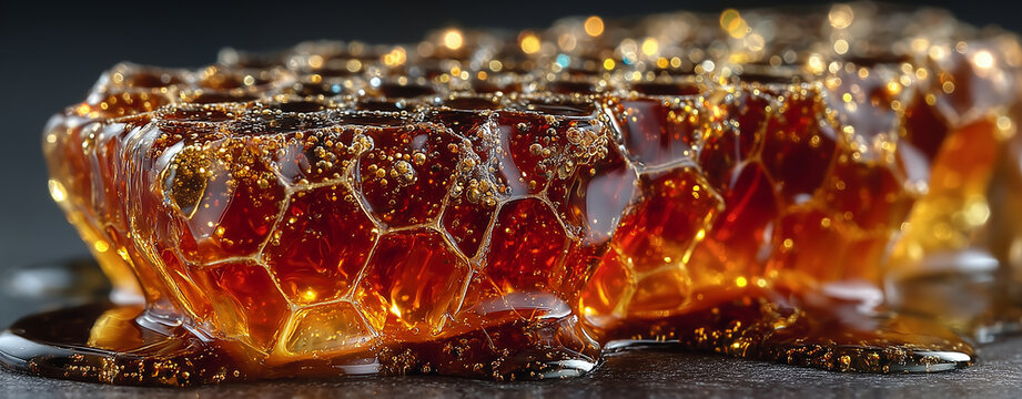 Geometric honeycomb pattern, dripping sweet liquid honey