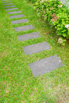 Garden landscape design with pathway in garden and footpath in picturesque summer park and staircase in backyard,Paving stones on floor in park,space for text.