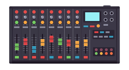 Fototapeta premium Professional Audio Mixer Vector Illustration. Digital Soundboard for Music Production, Podcasting, and Recording Studio Equipment. Isolated on White Background.