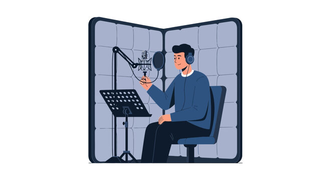 Male Voice Actor or Podcaster Recording Audio in a Professional Soundproof Studio Booth Illustration