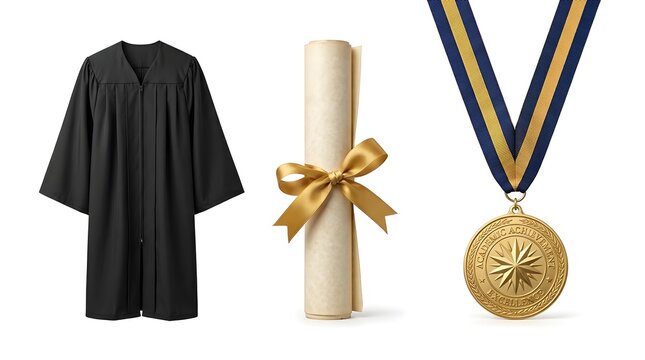 Classic symbols of academic achievement a black graduation gown, a gold-ribboned diploma scroll, and a prestigious award medal, signifying success and educational milestones