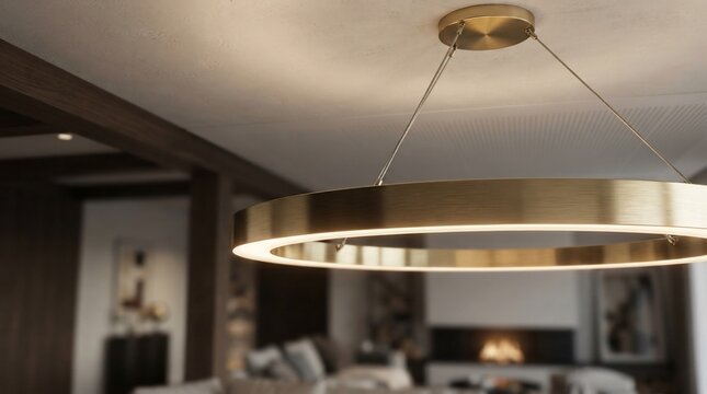 Modern brass ring chandelier with warm led light suspended indoors
