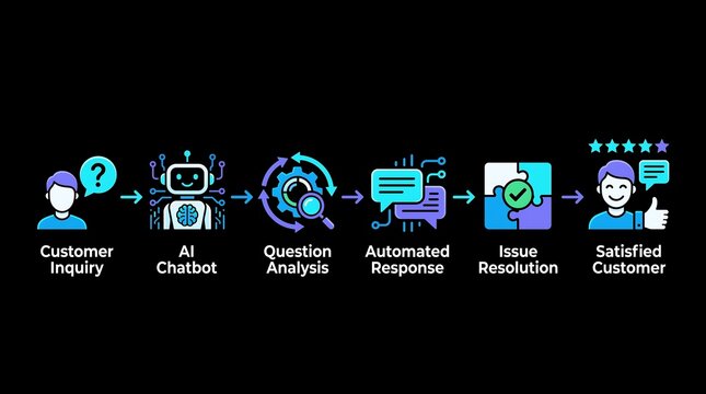 Automated customer support workflow infographic featuring ai chatbot technology and positive user feedback experience
