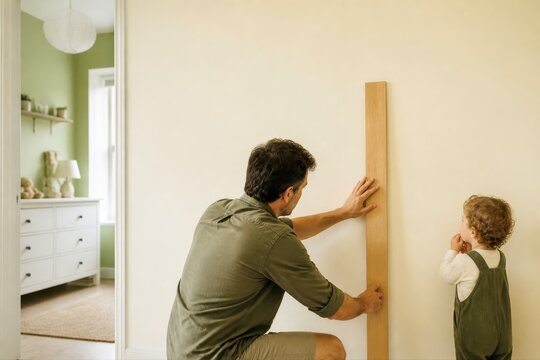 Father Measuring Child Height in Bright Home Interior