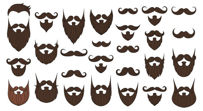 Comprehensive set of various men's beard and mustache styles in brown color on a white background.