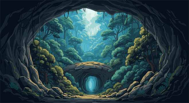 Breathtaking view from inside a dark rocky cave looking out into a lush green prehistoric jungle filled with dense tropical trees.
