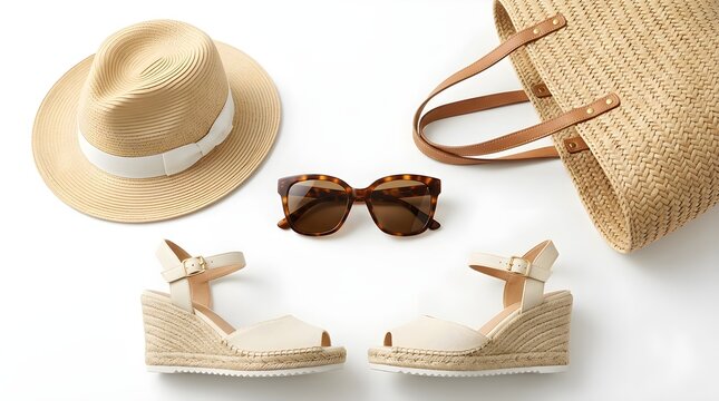 Stylish summer vacation essentials flat lay showcasing espadrille wedge sandals, a chic straw hat, fashionable sunglasses, and a woven beach tote bag