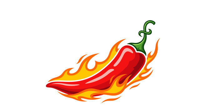 Spicy red chili pepper is engulfed in bright orange and yellow flames to represent extreme heat and intense flavor for food branding.