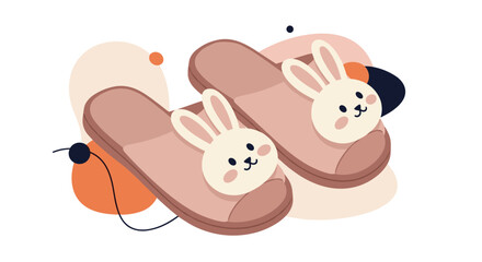 Fototapeta premium Pair of cozy pink bunny slippers with cute animal faces and floppy ears provides comfort and warmth for relaxing at home.