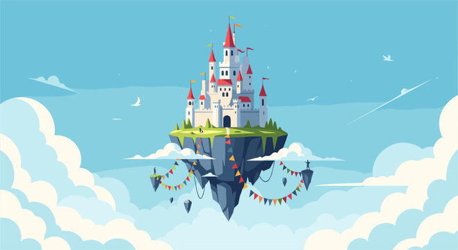 Majestic white fantasy castle with red turrets sits atop a floating island drifting through a sea of soft white clouds.