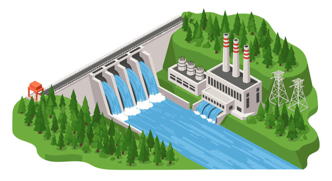 Isometric view of a large hydroelectric dam and power plant facility surrounded by evergreen forest and mountains.