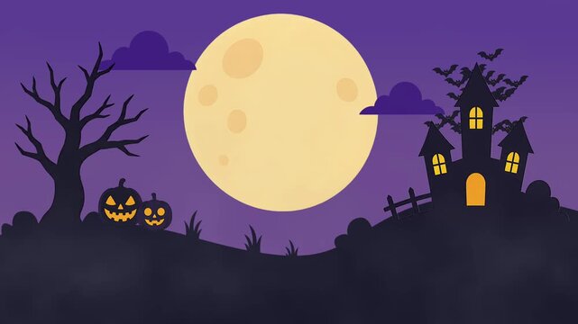 Halloween Haunted House Animation with Full Moon, Bats and Pumpkins on Purple Night Background