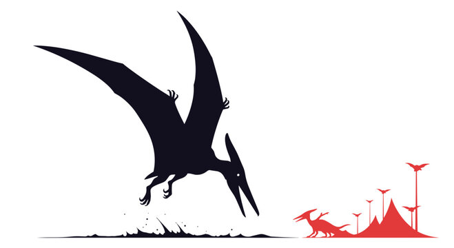 Silhouettes of pterodactyls fly across a prehistoric landscape with red mountains and a white sky in this simple art.