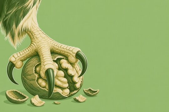 Bird talon crushing a walnut with shell fragments and space for text