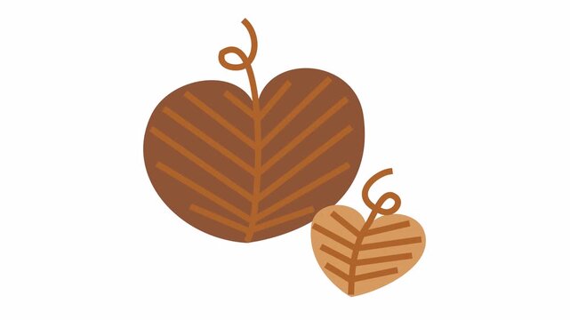 Pair of autumn heart-shaped leaves with curly vine stems cartoon animation for romantic fall season symbol and decorative Thanksgiving element concept.