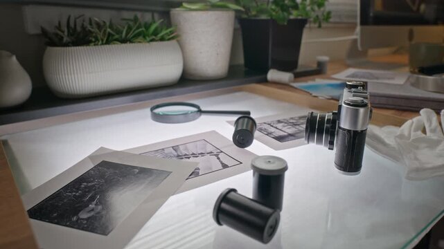Vintage film camera, film canisters, and black and prints lying on illuminated light table, camera arcing around setup. Footage suits photography tutorials or retro hobbyist marketing