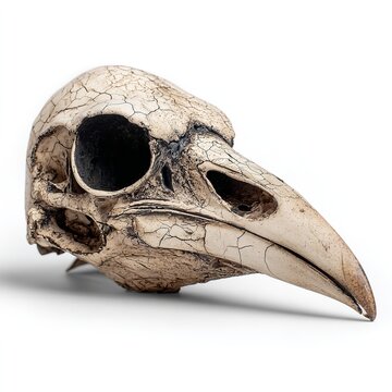 Weathered raven skull showing detailed bone cracks and organic texture isolated against a clean white background in professional studio lighting