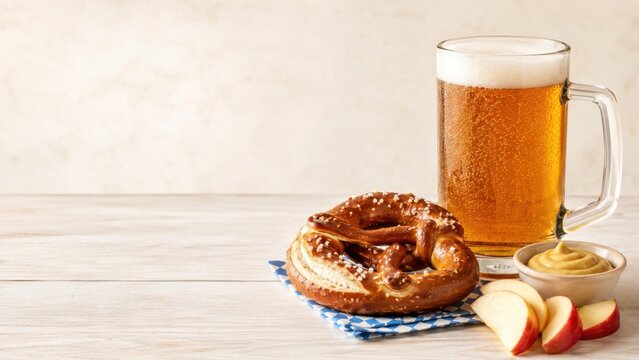 Soft pretzel and amber beer glass on wooden table