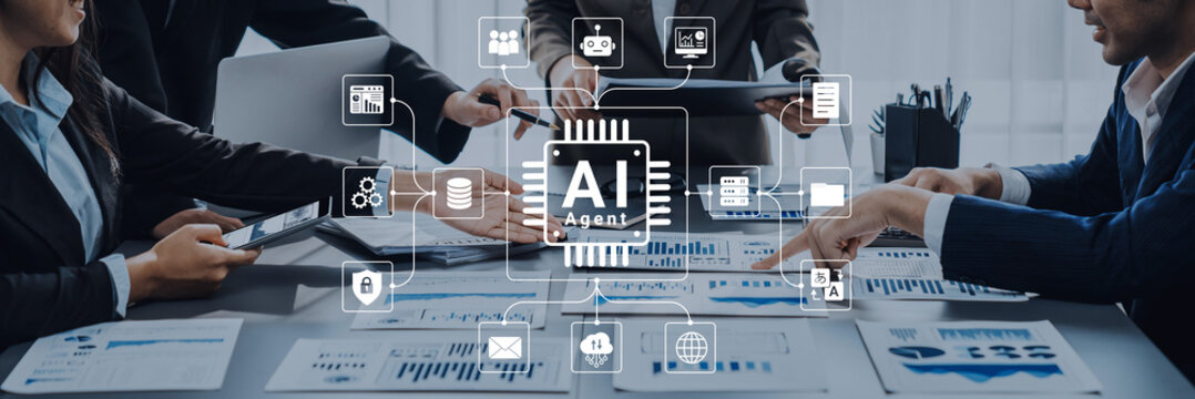 Business Team Collaboration on AI Technology and Digital Transformation with Charts and Data Visualizations in Modern Office Environment. Glyphic.
