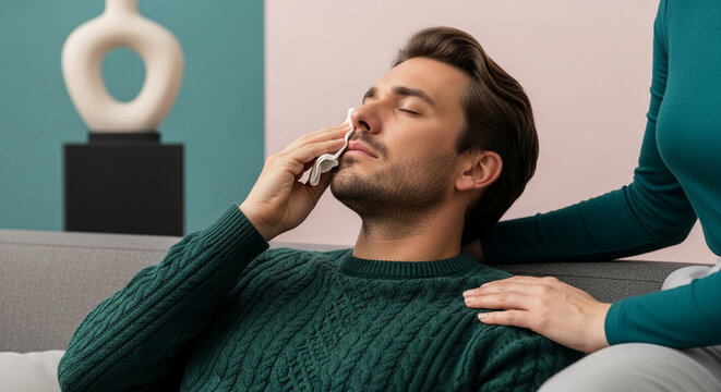Man with eyes closed dabbing his nose with a tissue, receives a comforting hand, symbolizing care, illness, and emotional support in a home setting