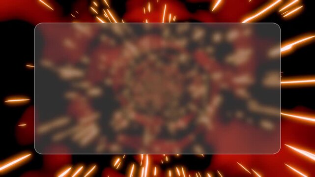 Fiery orange sparks burst outward behind central frosted glass panel. Glowing energy rays explode across dark red space backdrop creating fast motion effect.