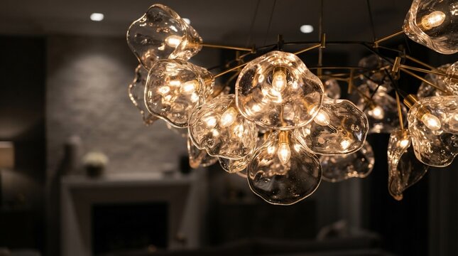 Modern chandelier with organic glass globes and warm illumination indoors