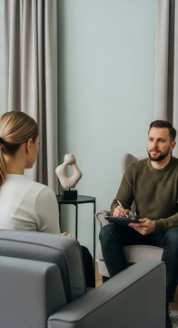 A man and a woman sit in chairs in a room, one taking notes, representing a therapy session or consultation, symbolizing support and guidance.