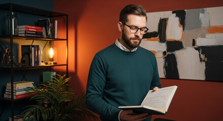 Obraz premium Man with glasses reading a book, surrounded by shelves with books and a plant, symbolizing knowledge, focus, and personal development in a modern setting