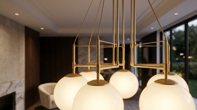 Modern chandelier with spherical glass shades and brass accents indoors