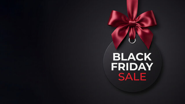 Elegant Black Friday Sale round tag with luxury red satin bow and ribbon on dark black background with copy space for promotional advertising.