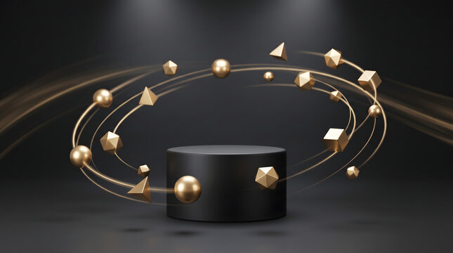 Luxury 3D black podium stage with orbiting golden geometric shapes and glowing light trails on dark background for premium product display banner.