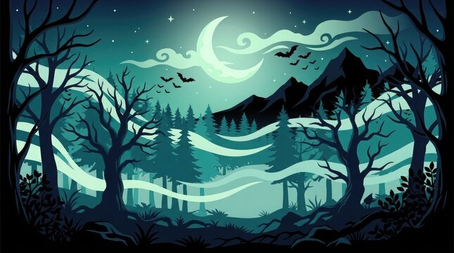 Mysterious wolves howling at moonlit snowy forest