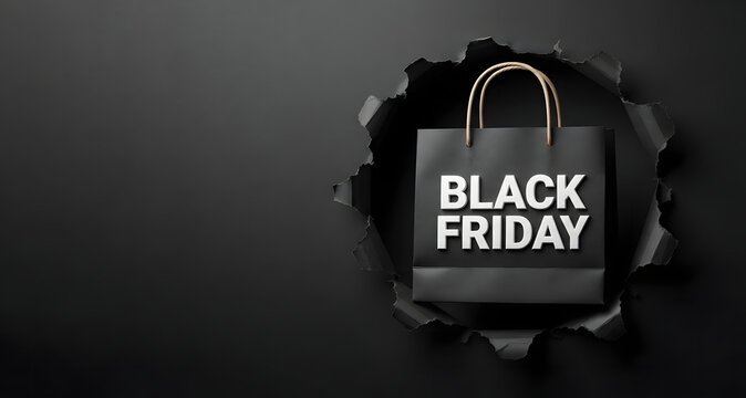 Black Friday shopping bag popping through torn black paper hole with negative space for text and marketing promotion on dark background banner.