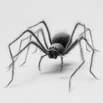 Detailed black and white spider creature featuring many hairy legs and large dark eyes standing on a clean white background