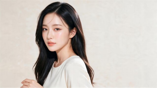 斜めを向いて見つめる日本人女性の艶肌美容ポートレート
