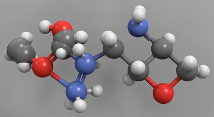 Obraz premium 3D molecular model with red, blue, gray, and white spheres connected by rods, symbolizing science and chemistry, ideal for educational purposes.
