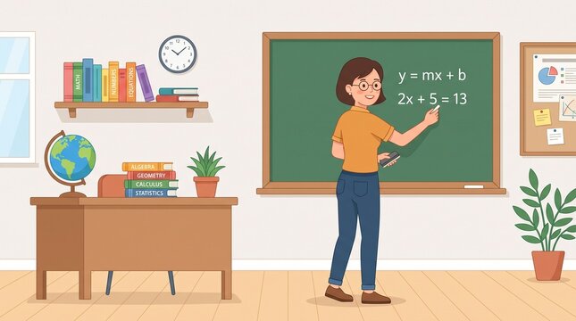 Teacher explaining math equation on chalkboard