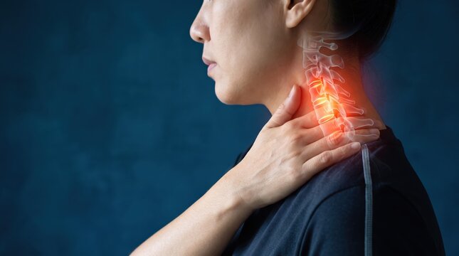 Woman suffering from neck pain, hand touching cervical spine with glowing x-ray skeleton overlay indicating arthritis or injury, medical health concept.