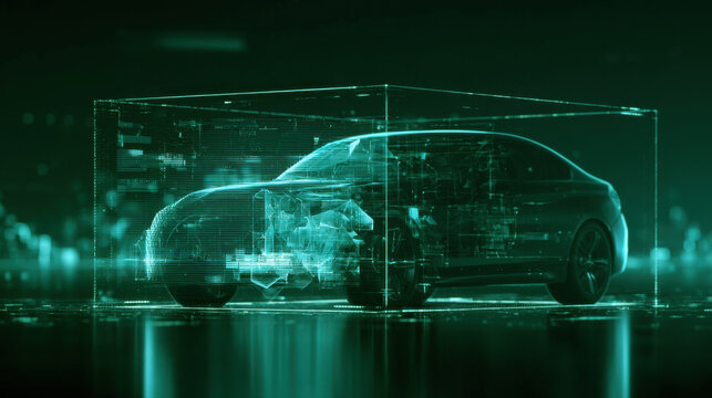 futuristic digital auto wireframe holographic car scanning simulation glowing neon green matrix mesh lines high tech autonomous vehicle model concept render 3d cyber security driving technology art