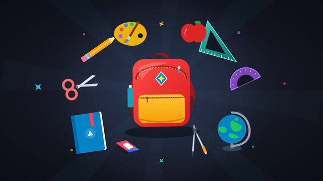 Colorful animation of a school backpack surrounded by orbiting educational supplies and stationery